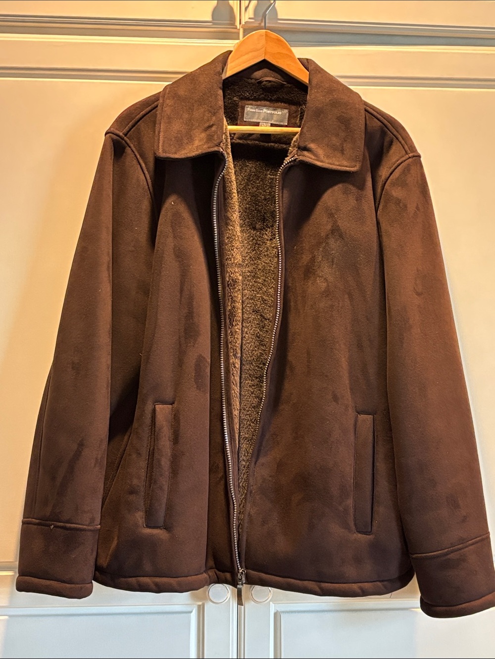 Perry Ellis Brown Faux-Suede Puffer Jacket with Sherpa Interior